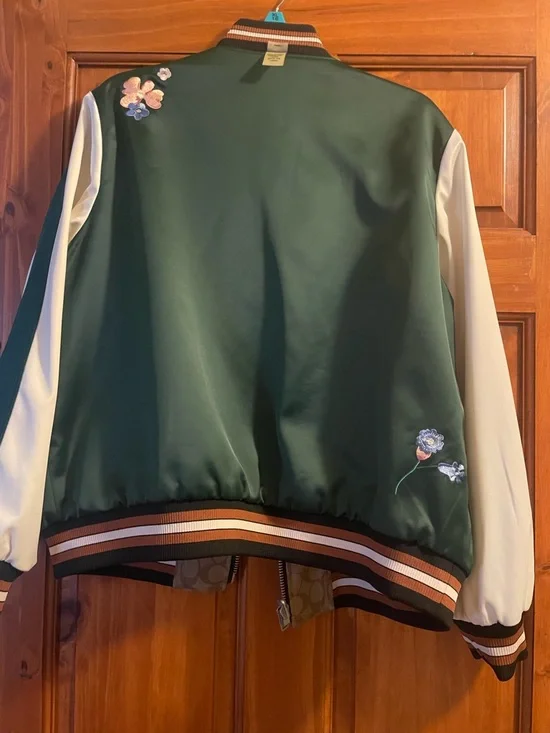 Women’s Brown Patterned Bomber Jacket with Cream Sleeves - Picture 4 of 5